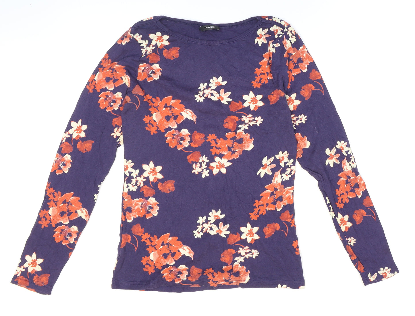 George Womens Blue Floral Cotton Basic T-Shirt Size 10 Boat Neck