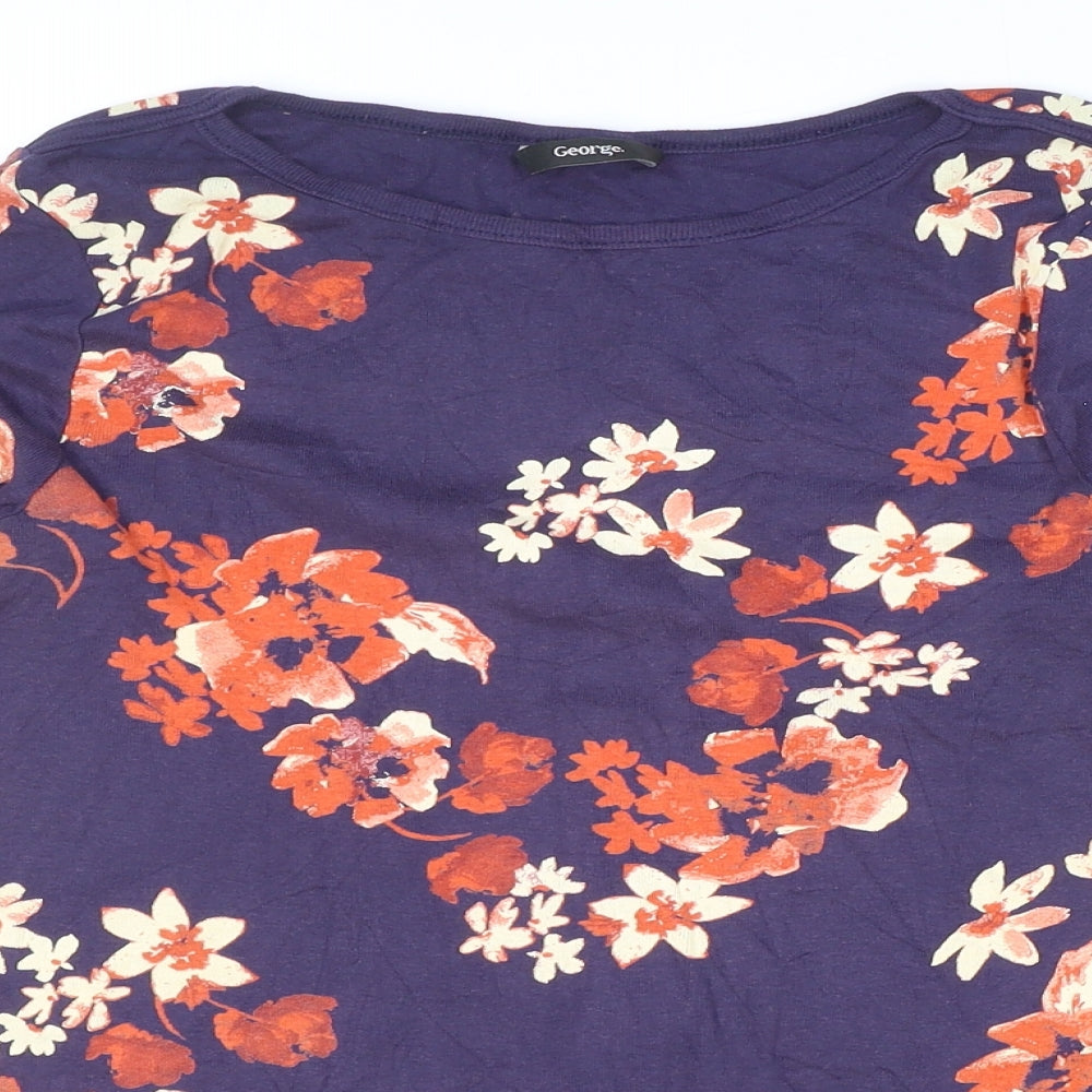 George Womens Blue Floral Cotton Basic T-Shirt Size 10 Boat Neck