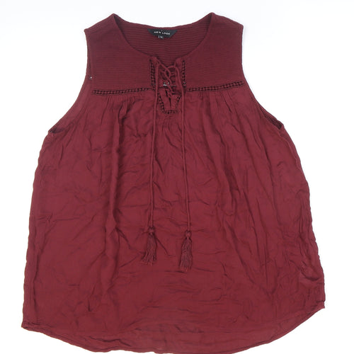 New Look Womens Red Viscose Basic Blouse Size 10 V-Neck - Lace-up