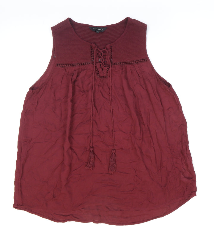 New Look Womens Red Viscose Basic Blouse Size 10 V-Neck - Lace-up