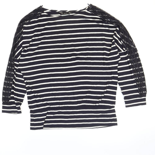 F&F Womens Blue Striped Viscose Basic T-Shirt Size 10 Boat Neck - Lace Detail