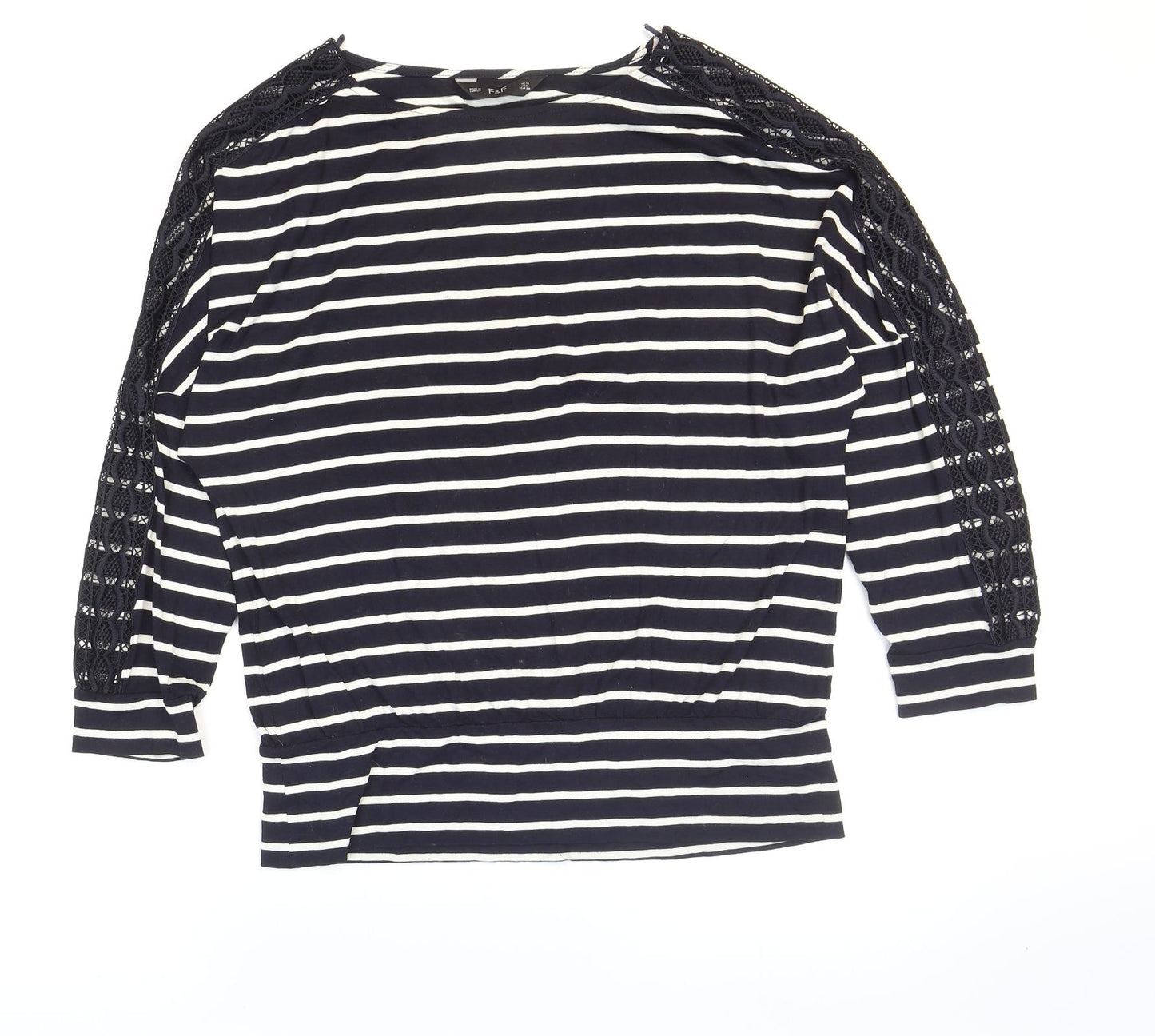 F&F Womens Blue Striped Viscose Basic T-Shirt Size 10 Boat Neck - Lace Detail