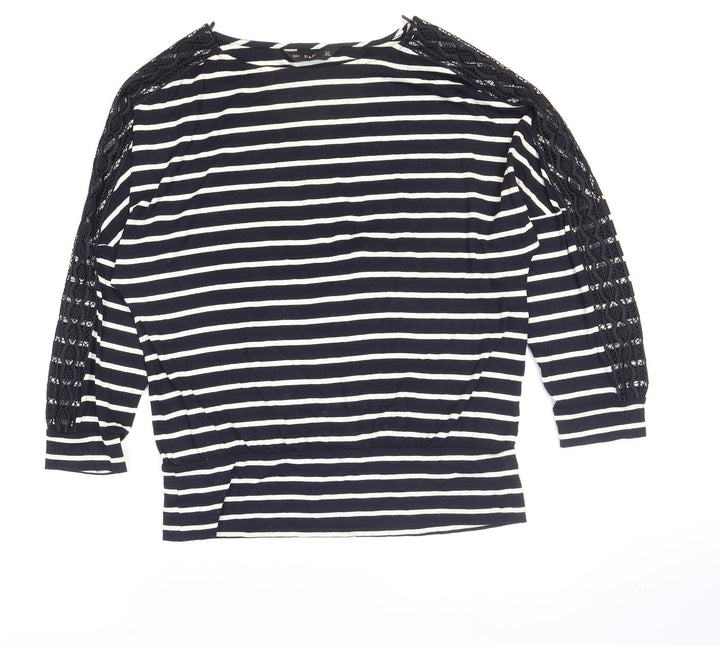 F&F Womens Blue Striped Viscose Basic T-Shirt Size 10 Boat Neck - Lace Detail