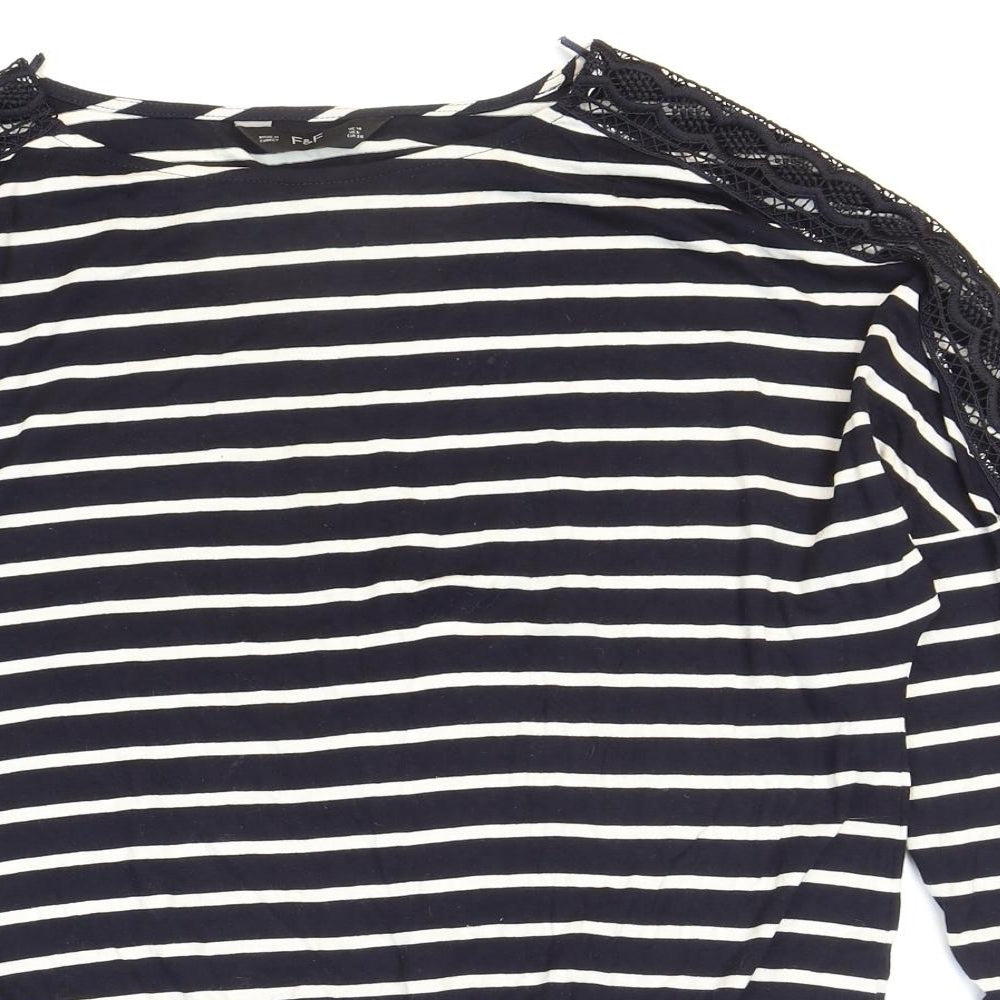 F&F Womens Blue Striped Viscose Basic T-Shirt Size 10 Boat Neck - Lace Detail