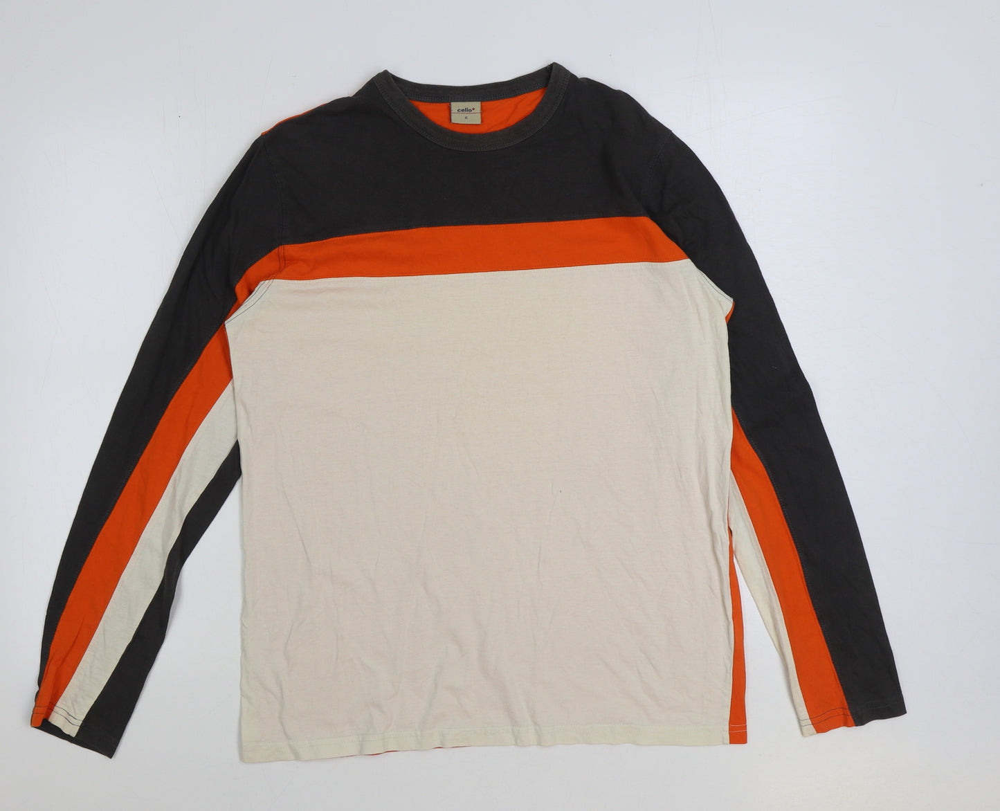 celio* Mens Orange Colourblock Cotton T-Shirt Size M Round Neck