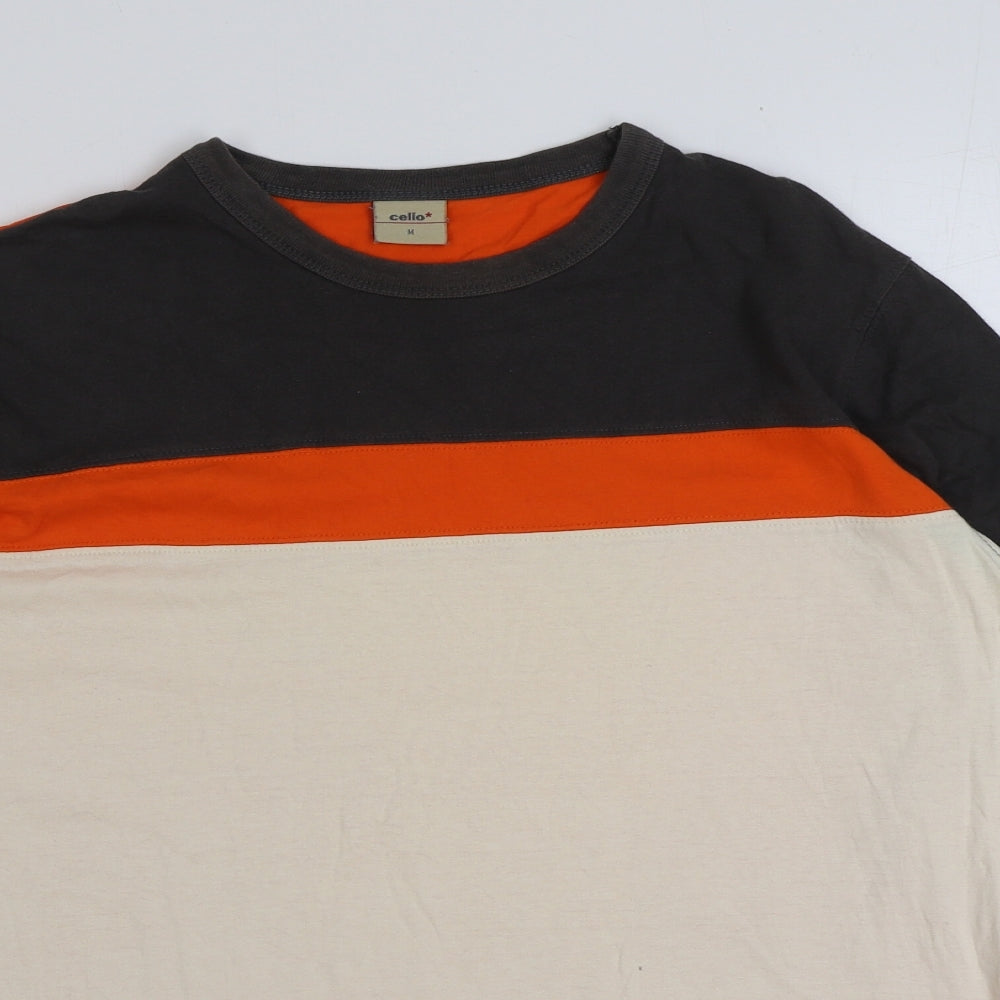 celio* Mens Orange Colourblock Cotton T-Shirt Size M Round Neck