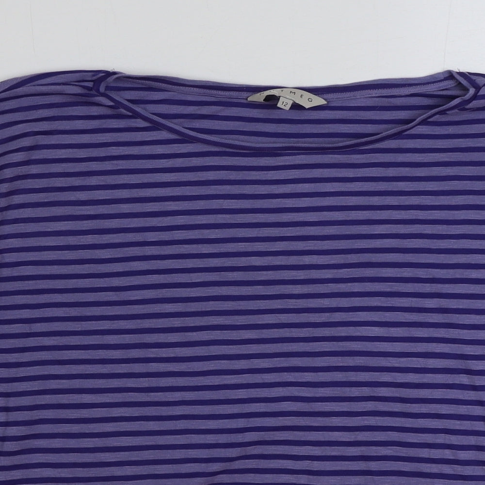 Nutmeg Womens Blue Striped Cotton Basic T-Shirt Size 12 Round Neck