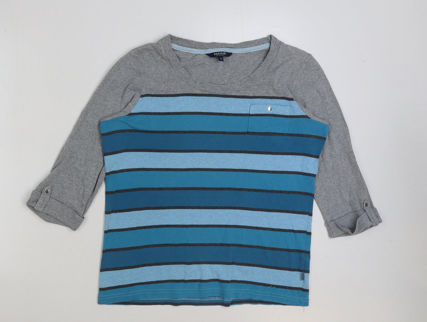 Maine New England Womens Blue Striped Polyester Basic T-Shirt Size 16 Round Neck