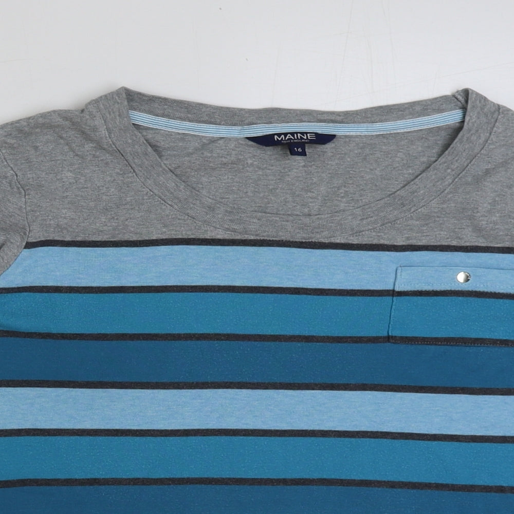 Maine New England Womens Blue Striped Polyester Basic T-Shirt Size 16 Round Neck