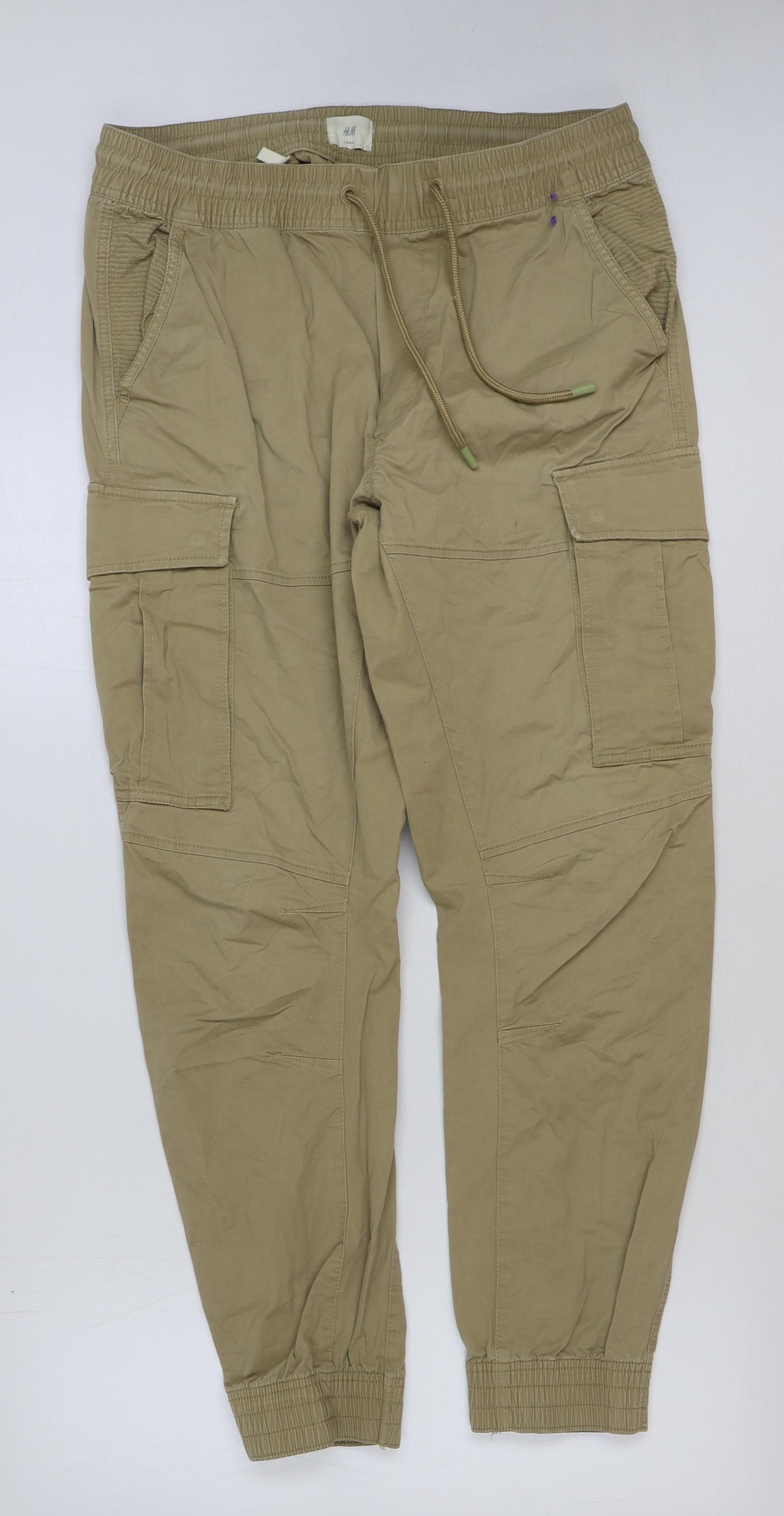 H&M Mens Beige Cotton Cargo Trousers Size 36 in L28 in Regular Drawstring