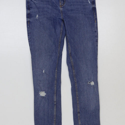 Zara Womens Blue Cotton Straight Jeans Size 8 L28 in Regular Button - Distressed