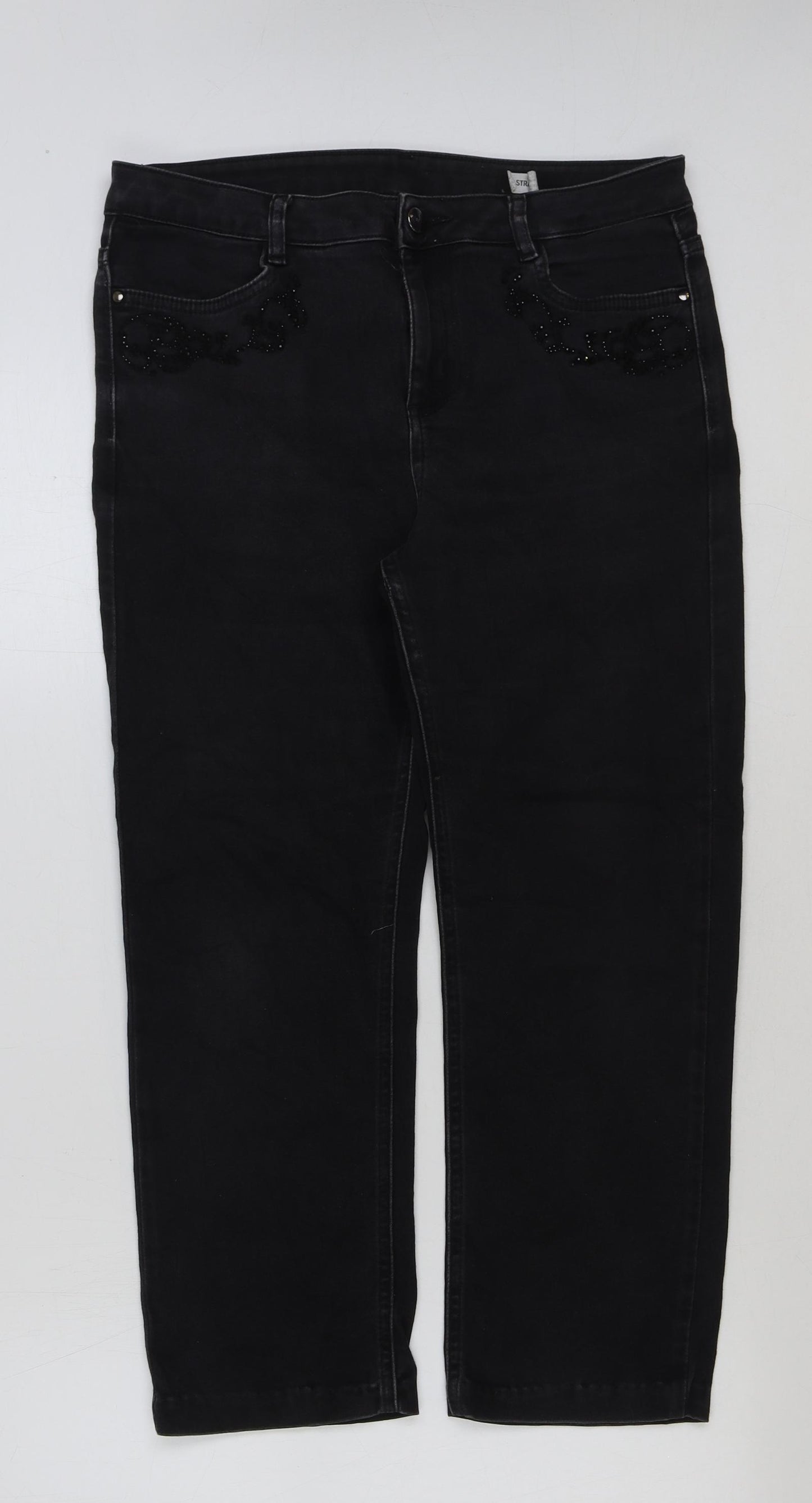 Marks and Spencer Womens Black Cotton Cropped Jeans Size 14 L25 in Regular Button