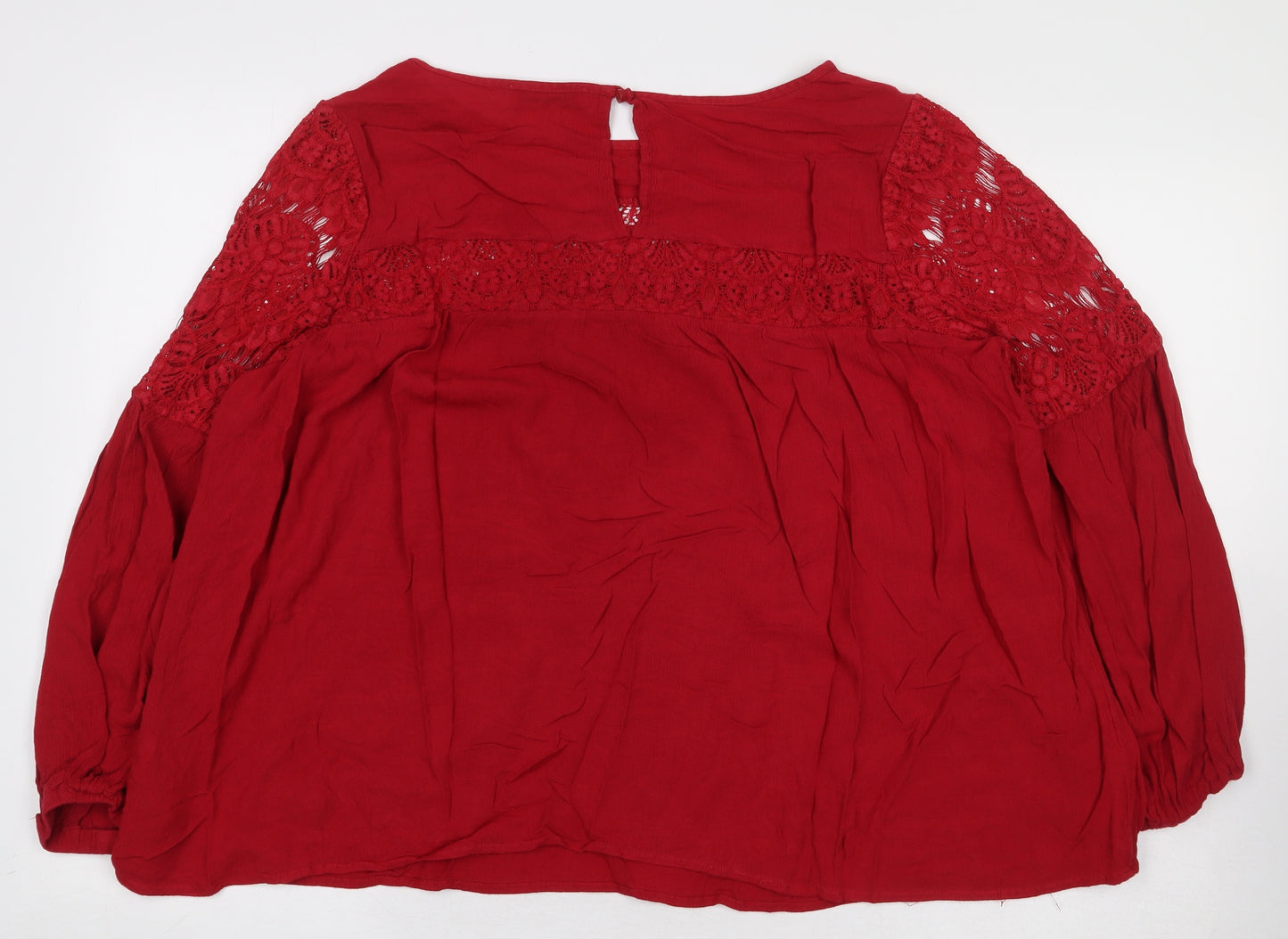 Marks and Spencer Womens Red Viscose Basic Blouse Size 18 Scoop Neck - Lace Trim