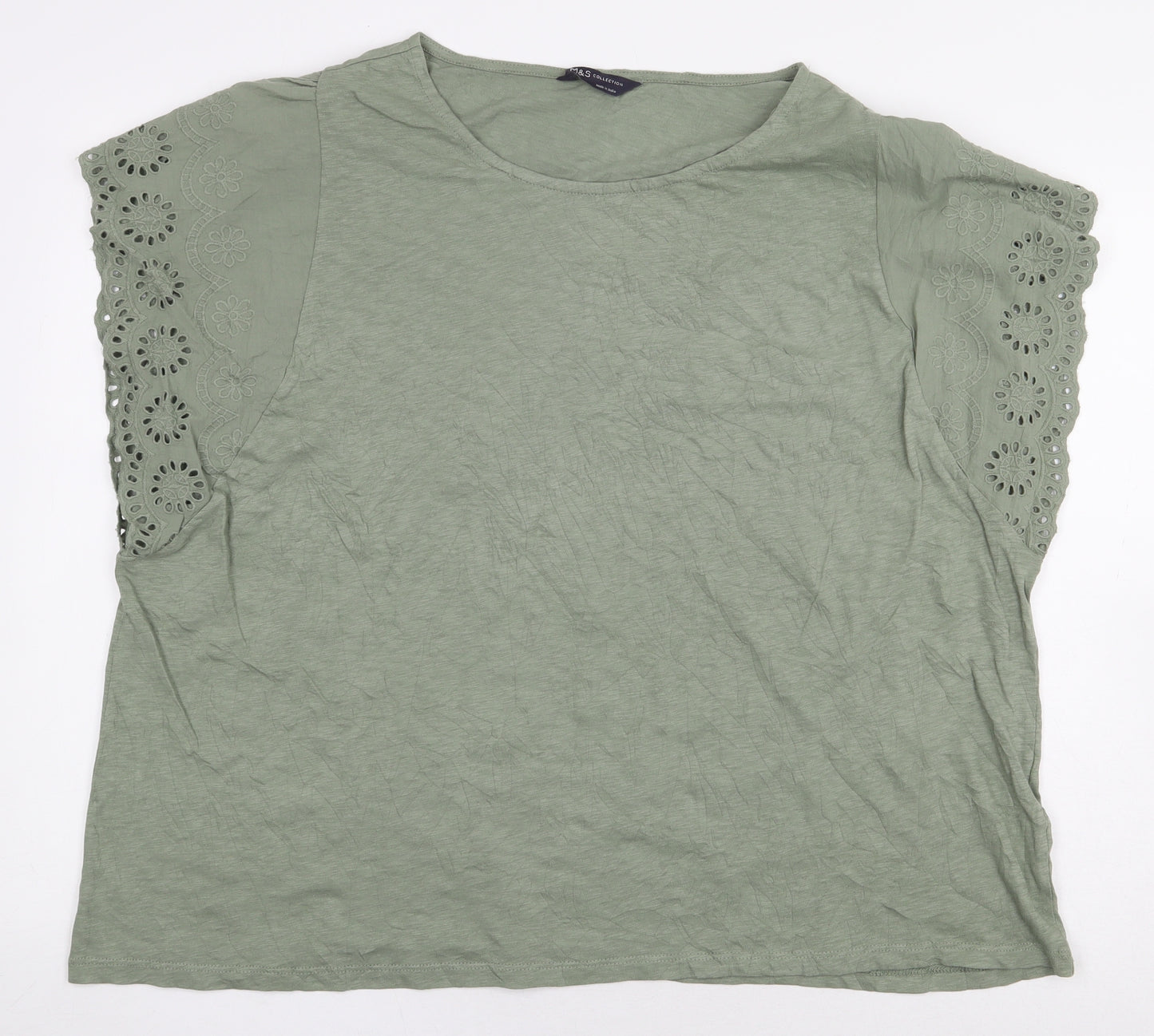 Marks and Spencer Womens Green 100% Cotton Basic T-Shirt Size 20 Boat Neck - Sleeve Cut Outs