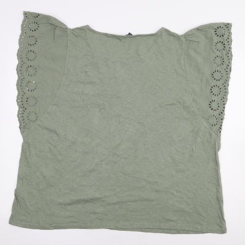 Marks and Spencer Womens Green 100% Cotton Basic T-Shirt Size 20 Boat Neck - Sleeve Cut Outs