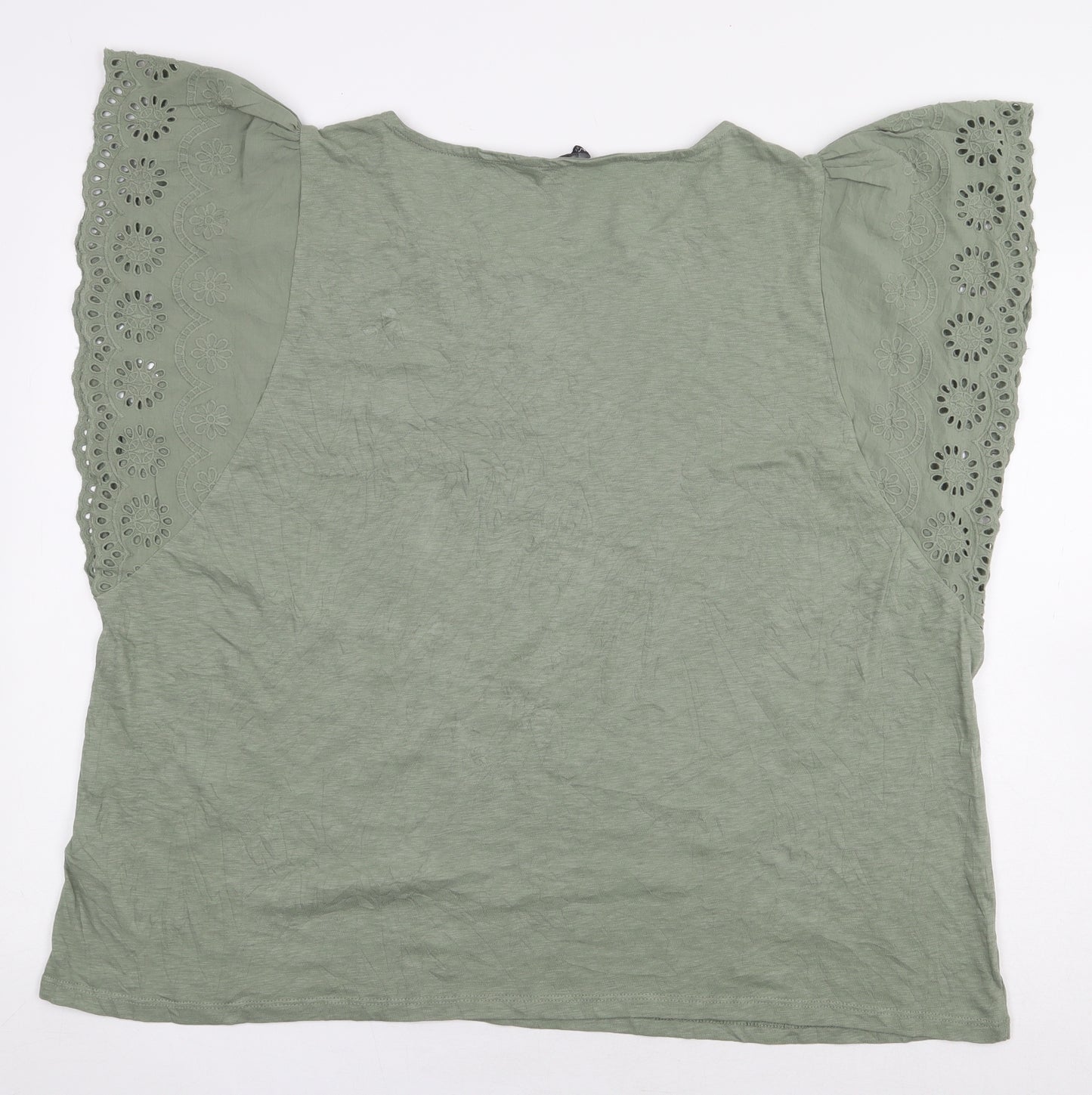 Marks and Spencer Womens Green 100% Cotton Basic T-Shirt Size 20 Boat Neck - Sleeve Cut Outs