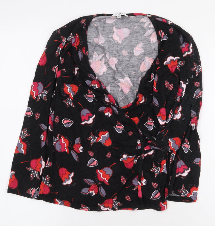 M&Co Womens Black Floral Viscose Basic Blouse Size 12 V-Neck - Wrap/cross-over front