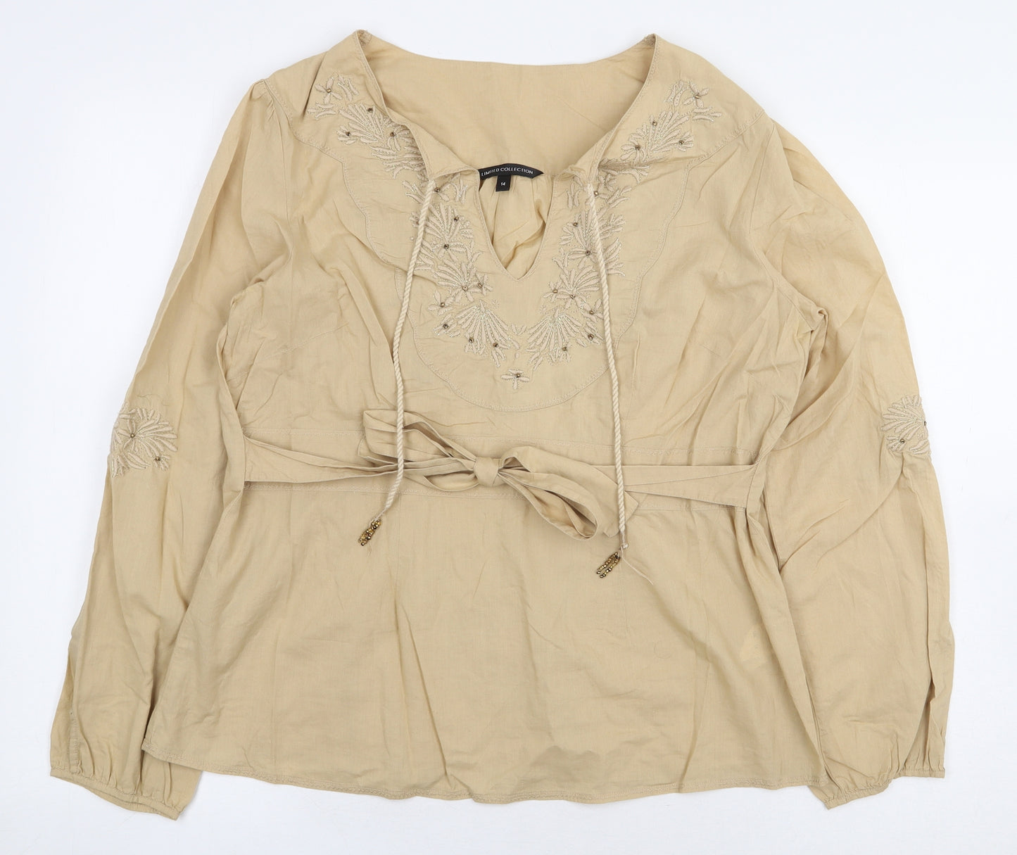Marks and Spencer Womens Beige 100% Cotton Basic Blouse Size 14 V-Neck