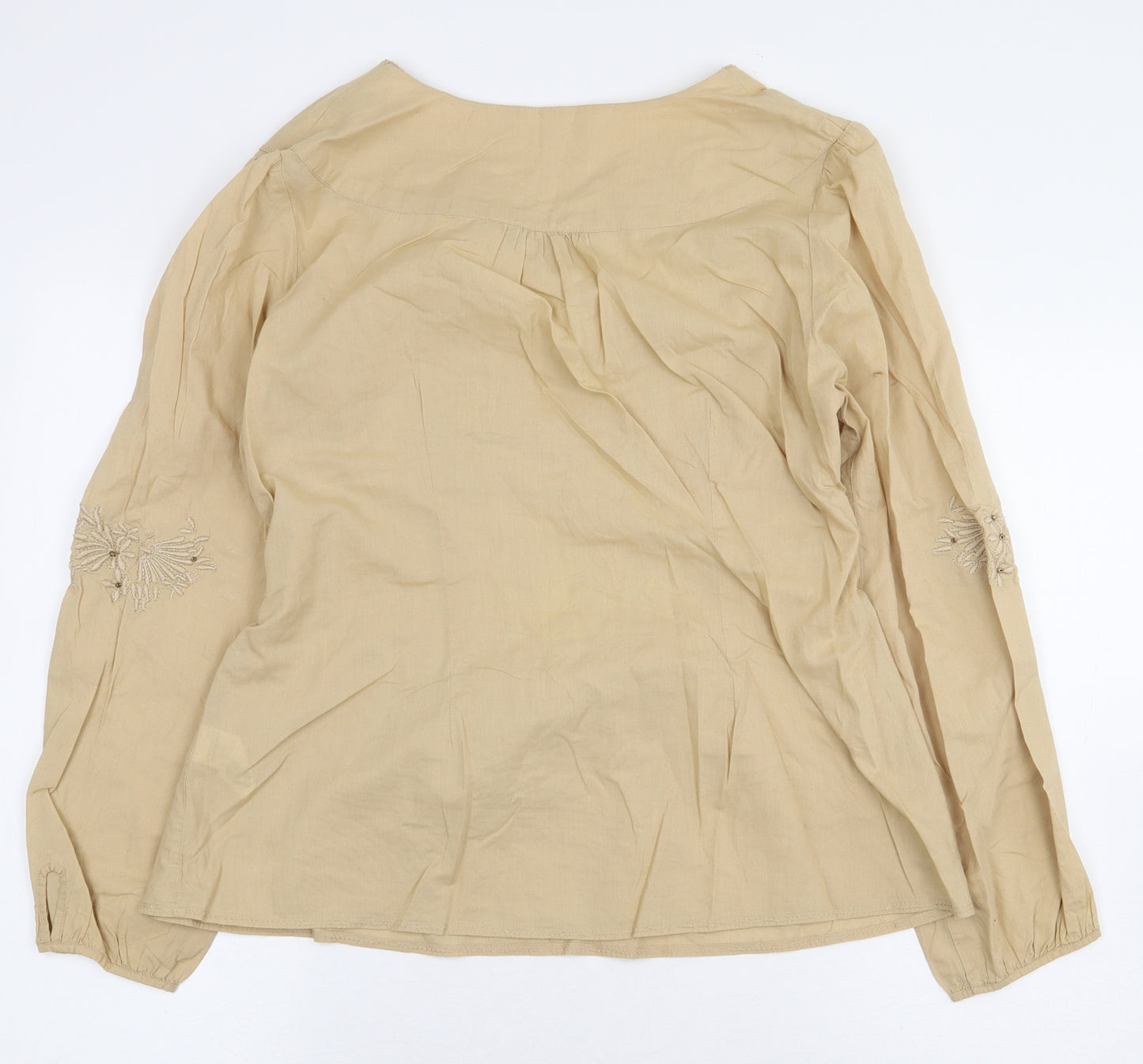 Marks and Spencer Womens Beige 100% Cotton Basic Blouse Size 14 V-Neck