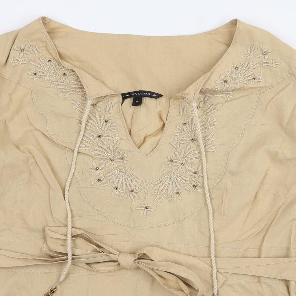 Marks and Spencer Womens Beige 100% Cotton Basic Blouse Size 14 V-Neck