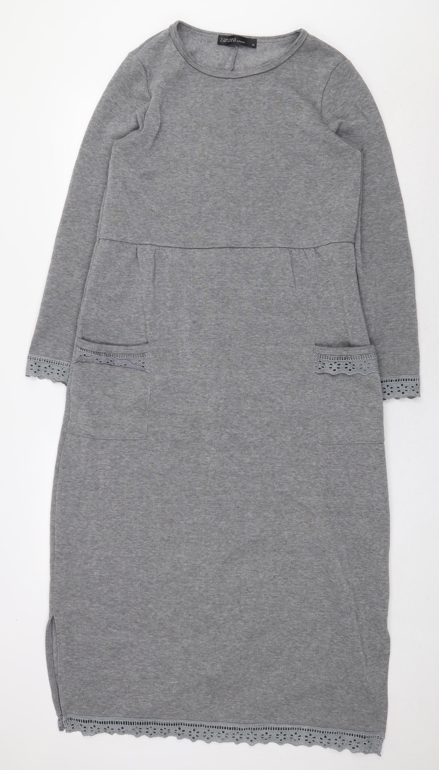 Zanzea Womens Grey Polyester Jumper Dress Size M Round Neck Pullover - Lace Trim
