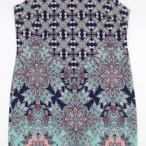 M&Co Womens Blue Geometric Polyester Pencil Dress Size 12 Boat Neck Zip