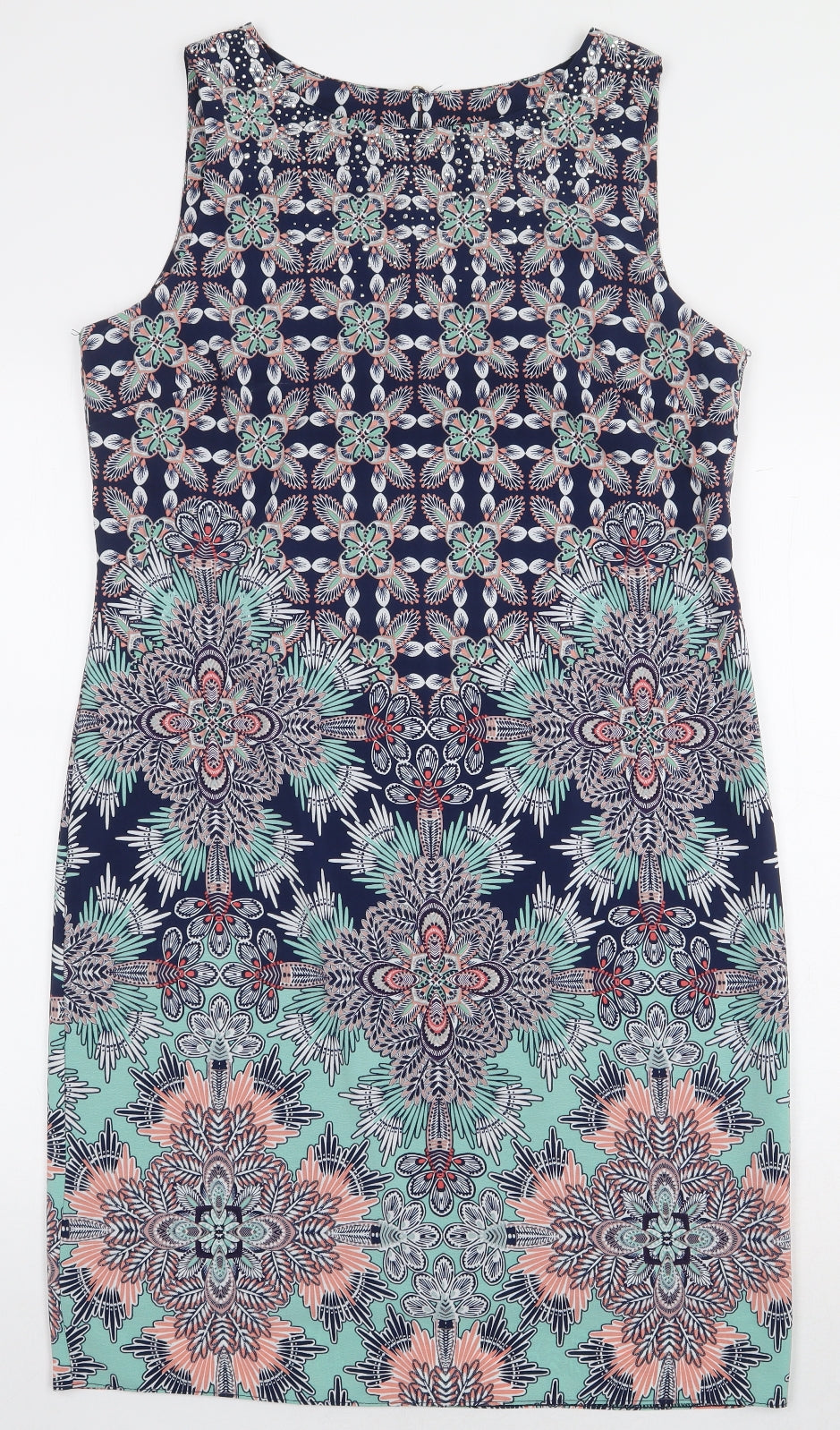 M&Co Womens Blue Geometric Polyester Pencil Dress Size 12 Boat Neck Zip