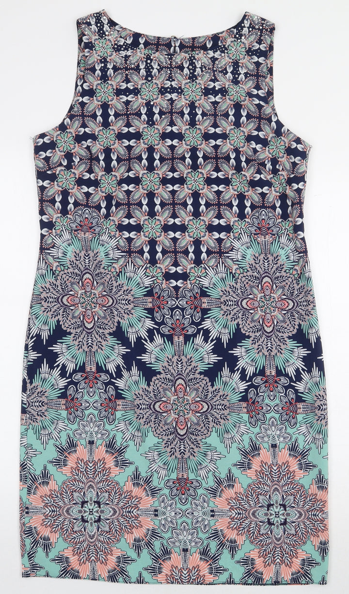 M&Co Womens Blue Geometric Polyester Pencil Dress Size 12 Boat Neck Zip