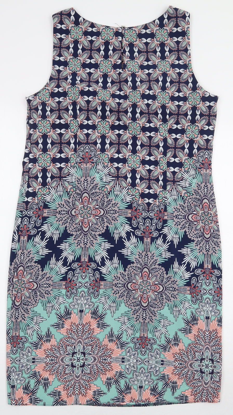 M&Co Womens Blue Geometric Polyester Pencil Dress Size 12 Boat Neck Zip