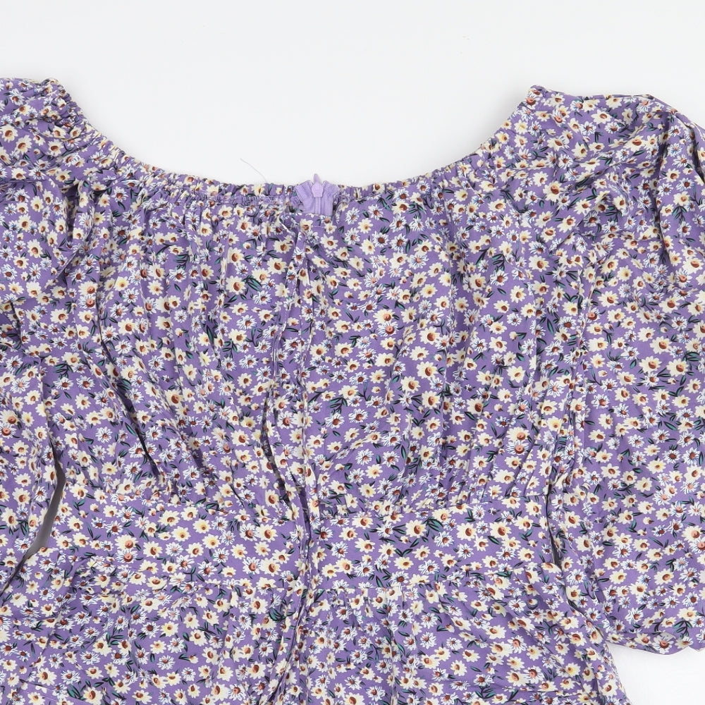 Boohoo Womens Purple Floral Polyester Playsuit One-Piece Size 10 Zip