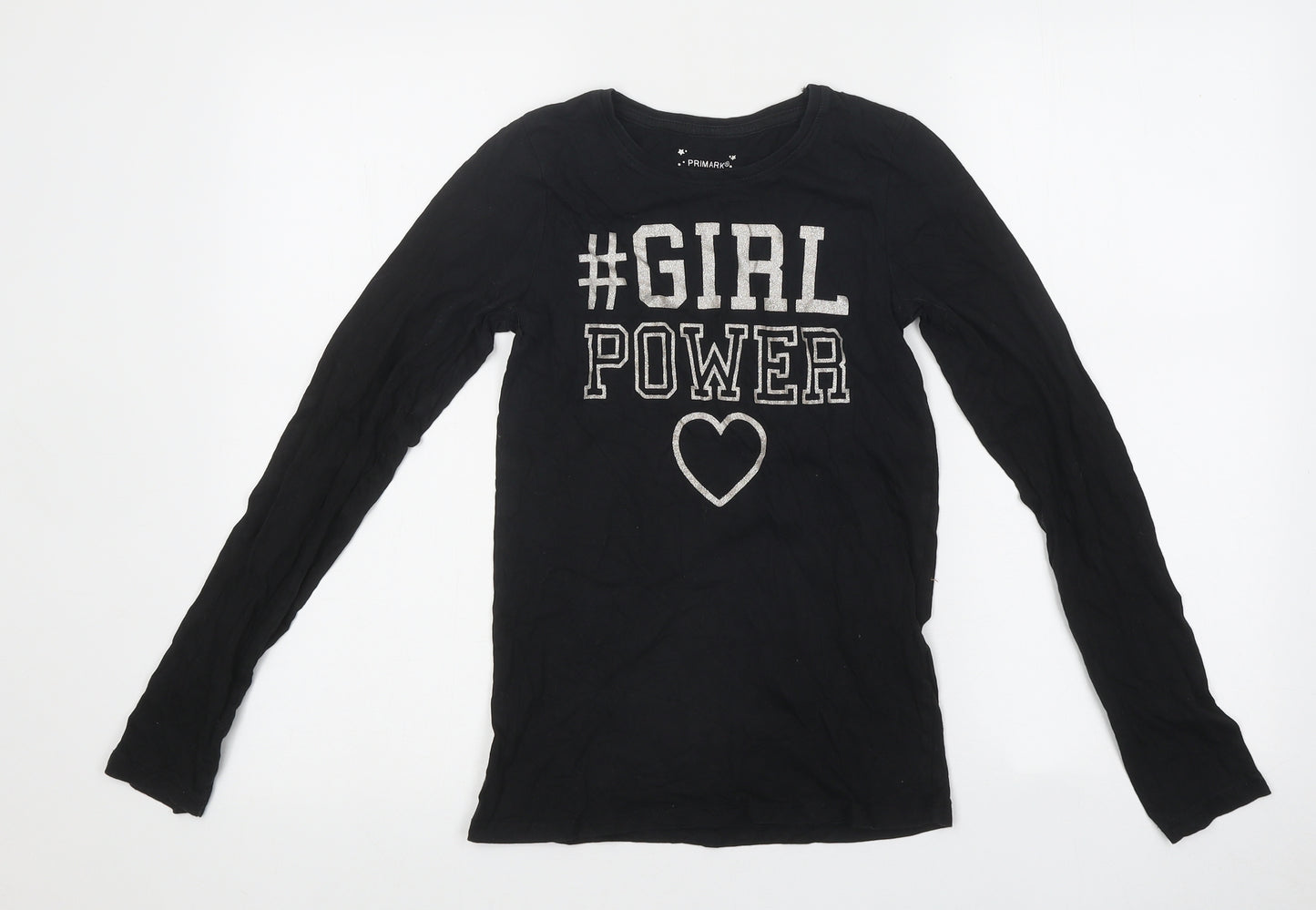 Primark Girls Black Polyester Basic T-Shirt Size 11-12 Years Round Neck Pullover - Girl Power