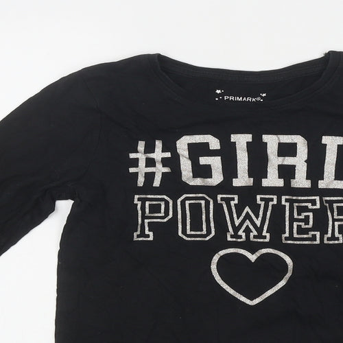 Primark Girls Black Polyester Basic T-Shirt Size 11-12 Years Round Neck Pullover - Girl Power
