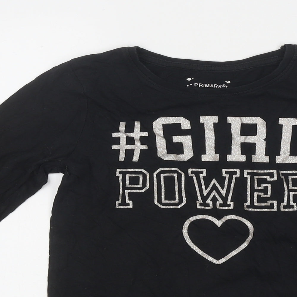 Primark Girls Black Polyester Basic T-Shirt Size 11-12 Years Round Neck Pullover - Girl Power