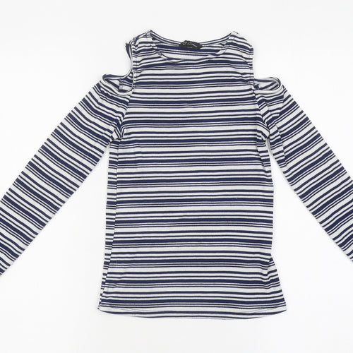 Candy Couture Girls Blue Striped Polyester Basic Casual Size 14 Years Round Neck Pullover - Cut-Our Shoulders