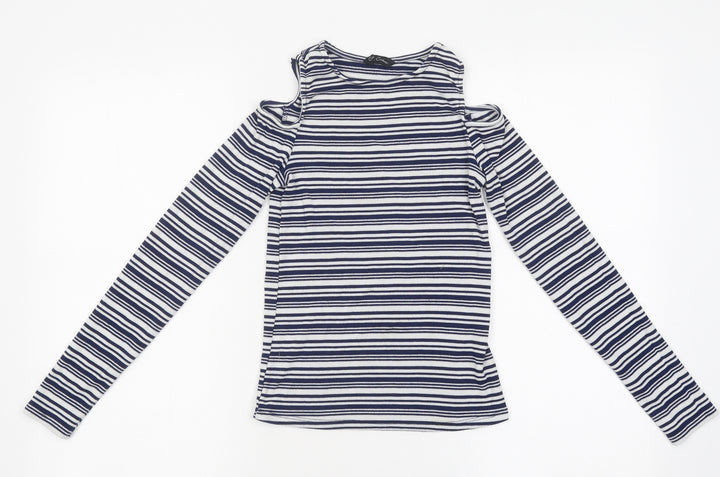 Candy Couture Girls Blue Striped Polyester Basic Casual Size 14 Years Round Neck Pullover - Cut-Our Shoulders