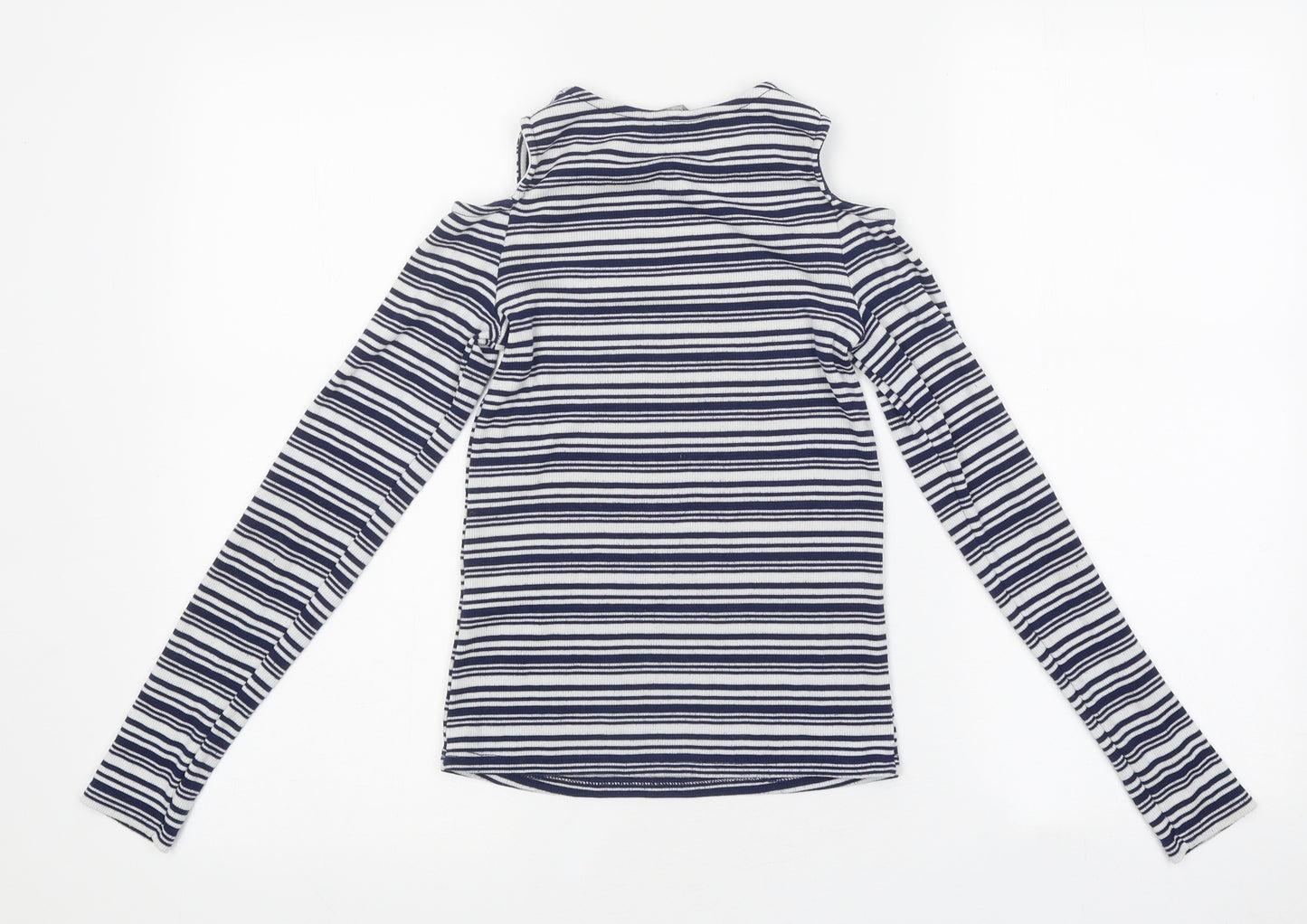 Candy Couture Girls Blue Striped Polyester Basic Casual Size 14 Years Round Neck Pullover - Cut-Our Shoulders
