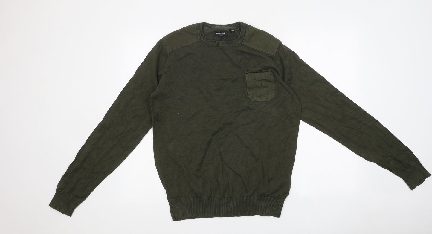 Brave Soul Mens Green Round Neck Polyester Pullover Jumper Size M