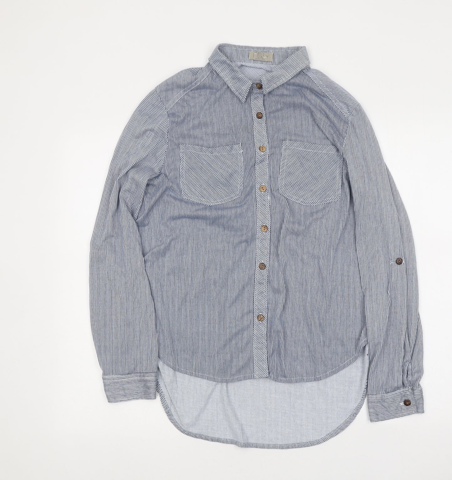 Passport Mens Blue Striped Polyester Button-Up Size L Collared Button