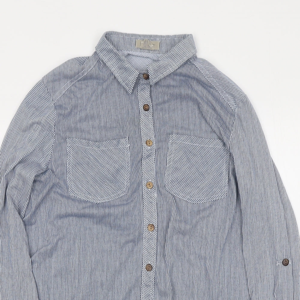 Passport Mens Blue Striped Polyester Button-Up Size L Collared Button