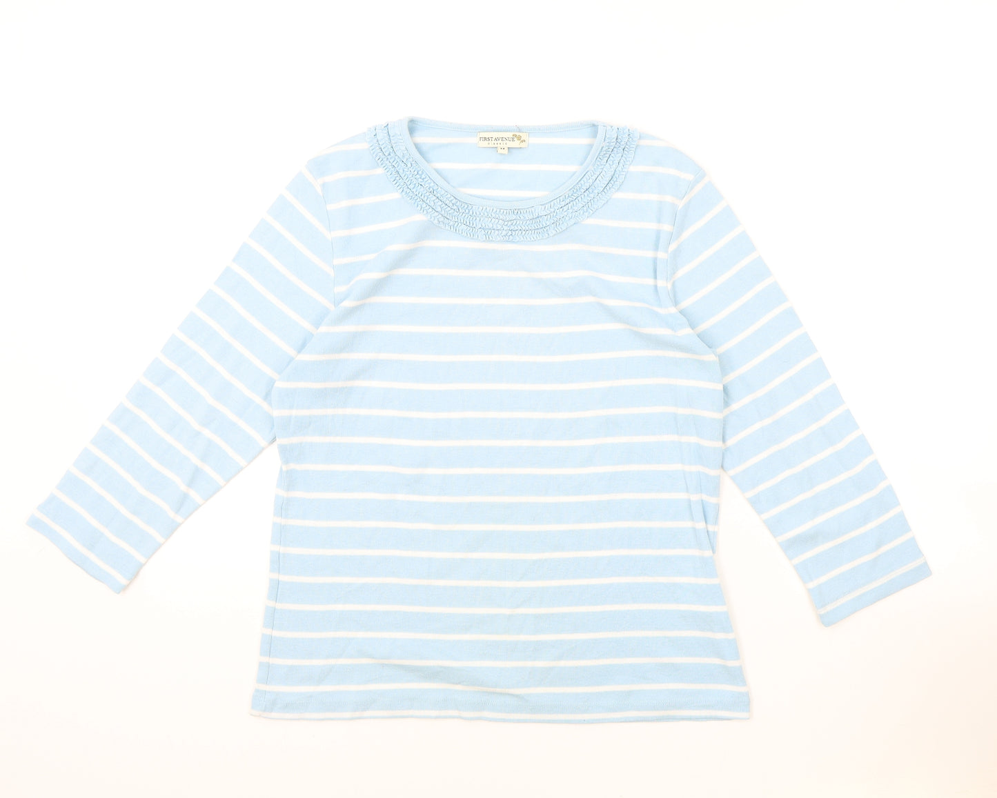 First Avenue Womens Blue Striped Polyester Basic T-Shirt Size M Round Neck