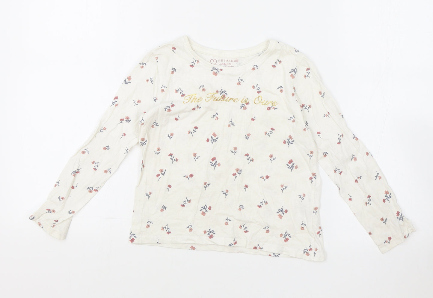 Primark Girls White Floral Viscose Basic T-Shirt Size 6-7 Years Round Neck Pullover