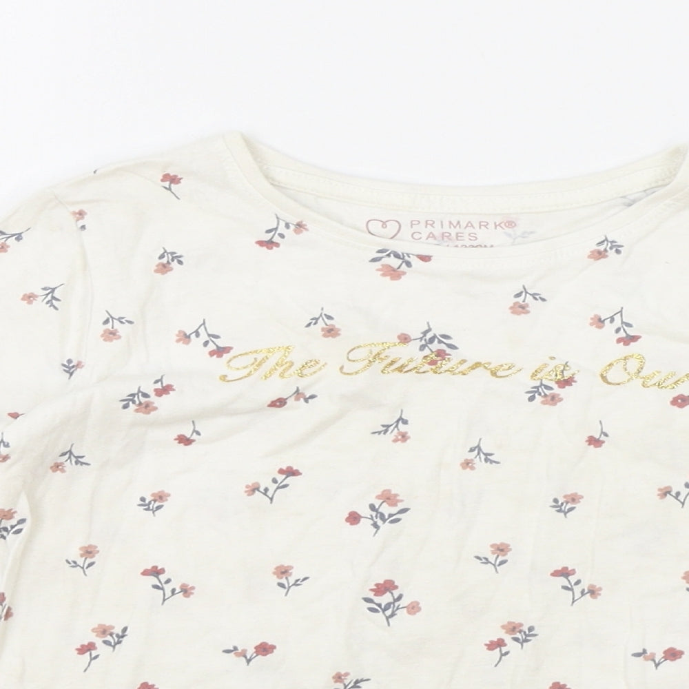 Primark Girls White Floral Viscose Basic T-Shirt Size 6-7 Years Round Neck Pullover