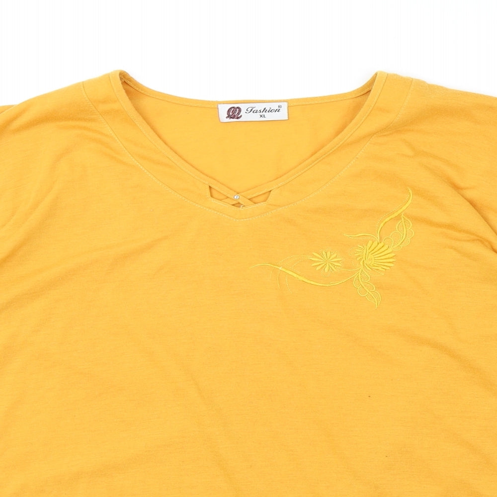 Fashion Womens Orange Polyester Basic T-Shirt Size XL V-Neck