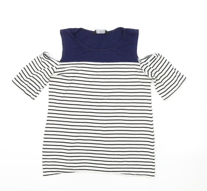 Dorothy Perkins Womens White Striped Viscose Basic T-Shirt Size 8 Mock Neck - Cold Shoulder
