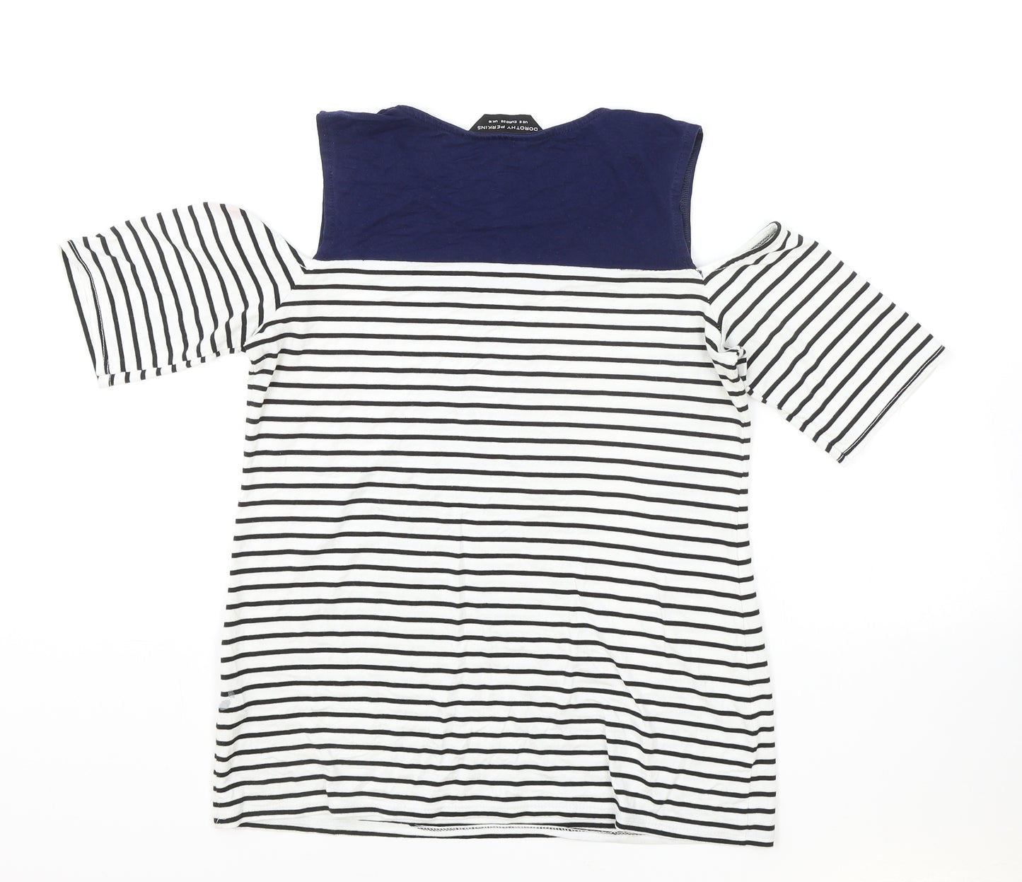 Dorothy Perkins Womens White Striped Viscose Basic T-Shirt Size 8 Mock Neck - Cold Shoulder