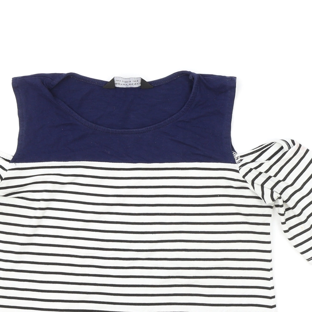 Dorothy Perkins Womens White Striped Viscose Basic T-Shirt Size 8 Mock Neck - Cold Shoulder