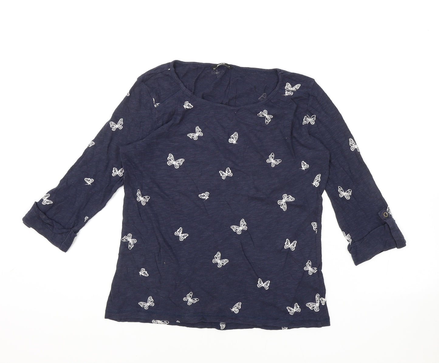 Only Womens Blue Geometric 100% Cotton Basic T-Shirt Size M Boat Neck - Butterfly Print