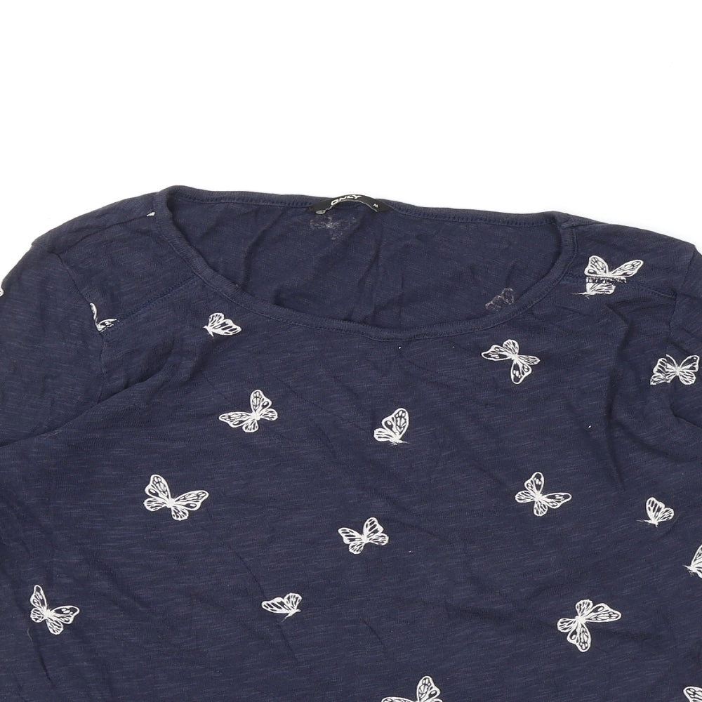 Only Womens Blue Geometric 100% Cotton Basic T-Shirt Size M Boat Neck - Butterfly Print