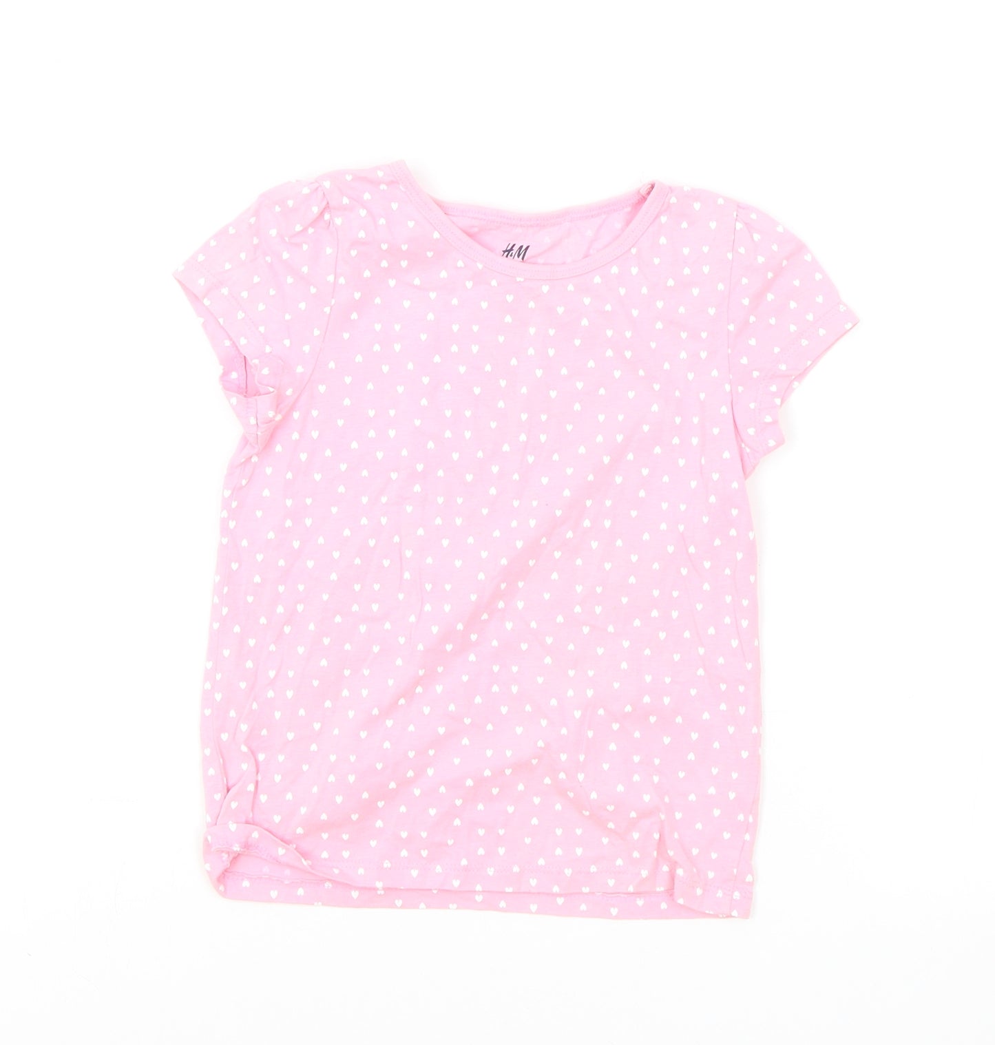 H&M Girls Pink Geometric Cotton Basic T-Shirt Size 4 Years Round Neck Pullover - Heart Print