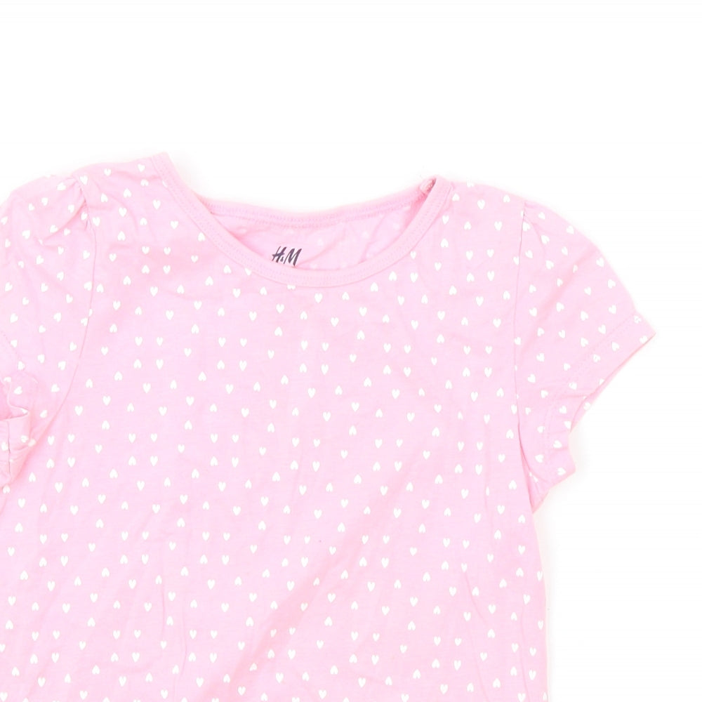 H&M Girls Pink Geometric Cotton Basic T-Shirt Size 4 Years Round Neck Pullover - Heart Print